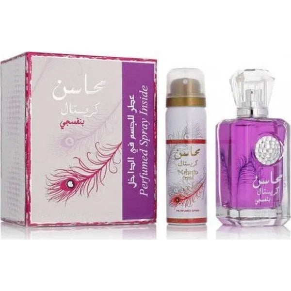 Lattafa Mahasin Crystal Purple Eau de Parfum and Body Spray Floral Fruity Fragrance Set 100 ml + 50 ml
