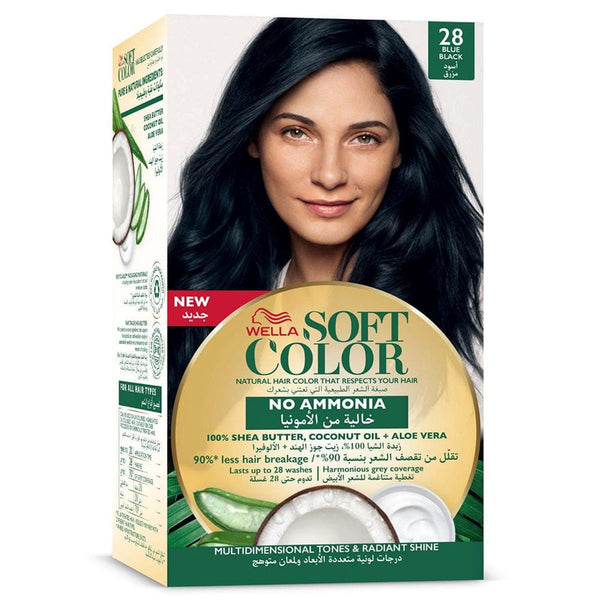 Wella Soft Color Hair Color Kit Ammonia-Free 28 Blue Black Shea Butter Coconut Oil Aloe Vera