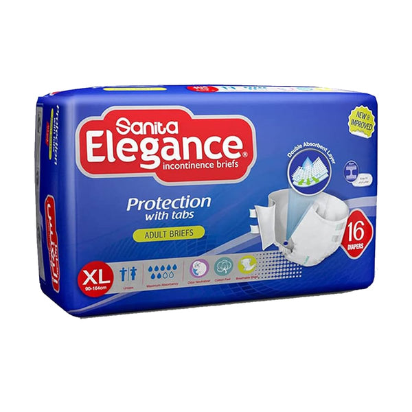 Sanita Elegance XL Jumbo Adult Incontinence Briefs, Double Absorbent Layer, Adjustable Tabs, 2 Packs of 16