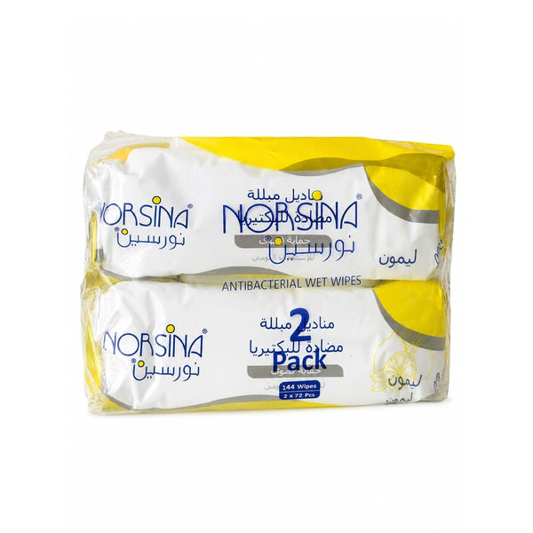 Norsina Lemon Scented Antibacterial Wipes, Hand and Surface Cleaning, 2 Packs of 72