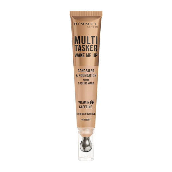 Rimmel Multi-Tasker Wake Me Up Liquid Concealer & Foundation, Radiant Finish, Caffeine, 2% Niacinamide, 40 Ivory