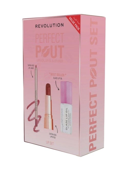 Makeup Revolution Perfect Pout Lip Makeup Set, Velvet Lipstick, Lip Liner and Glossy Cherry Lip Oil, 3 Pieces