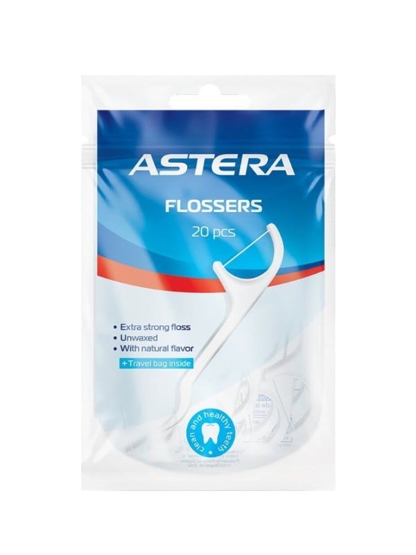 Astera Dental Flosser Set Unwaxed Natural Flavor 20 Pieces with Travel Bag