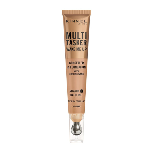 Rimmel Multi-Tasker Wake Me Up Liquid Concealer & Foundation, Radiant Finish, Caffeine, Vitamin C, 2% Niacinamide, 50 Sand