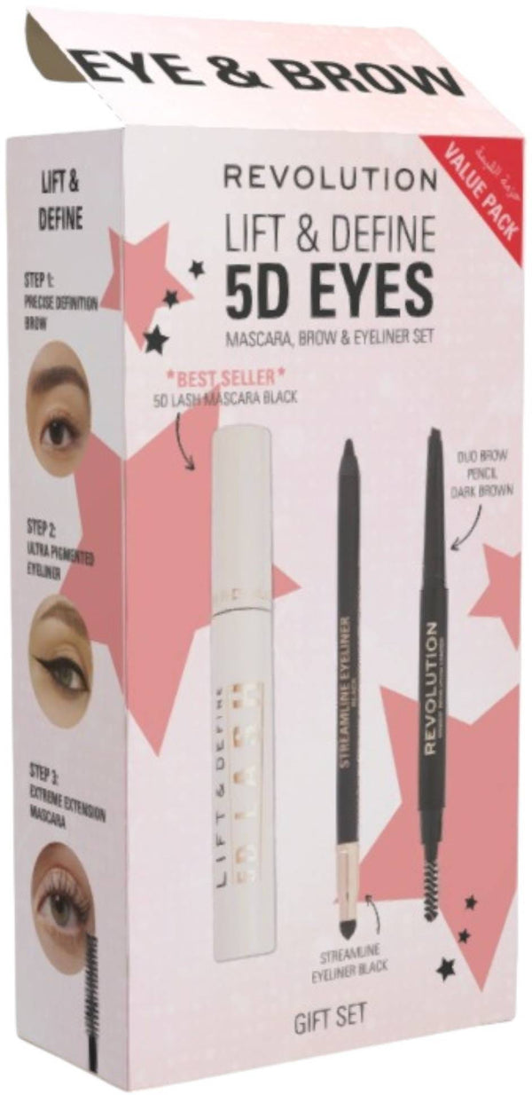 Makeup Revolution Lift & Define 5D Eye Look Set Mascara Brow Pencil Eyeliner Vegan Velvet Finish