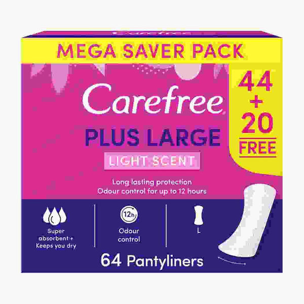 Carefree Plus Large Lightly Scented Pantyliners, Odor Control, Pack of 64