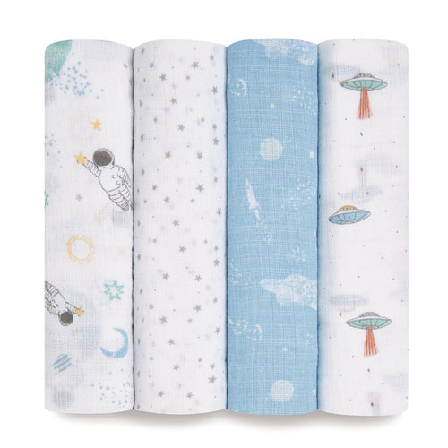aden + anais Essentials Muslin Swaddles, 100% Cotton, Space Explorers, 4-Pack, 44 x 44 in