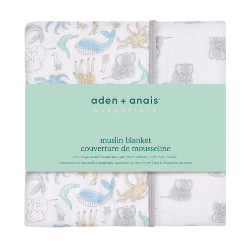 aden + anais Essentials Muslin Baby Blanket Natural History, Cotton, 44 x 44 in