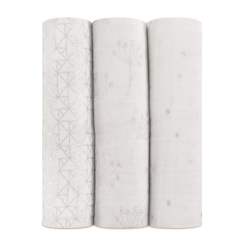 aden + anais Muslin Swaddle Blankets, 3-Pack, Metallics Silver, 100% Cotton
