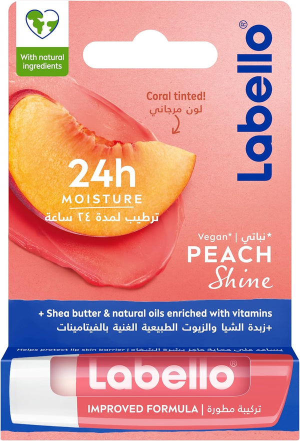 Labello Peach Shine Lip Balm Coral-Tinted Shea Butter Fruity Peach