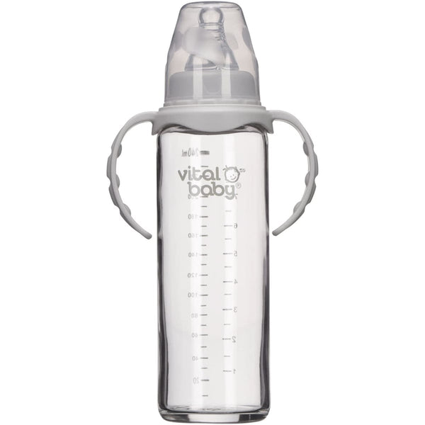 Vital Baby Feeding Bottle with Handles, Glass, Soft Wide Teat, 240ml
