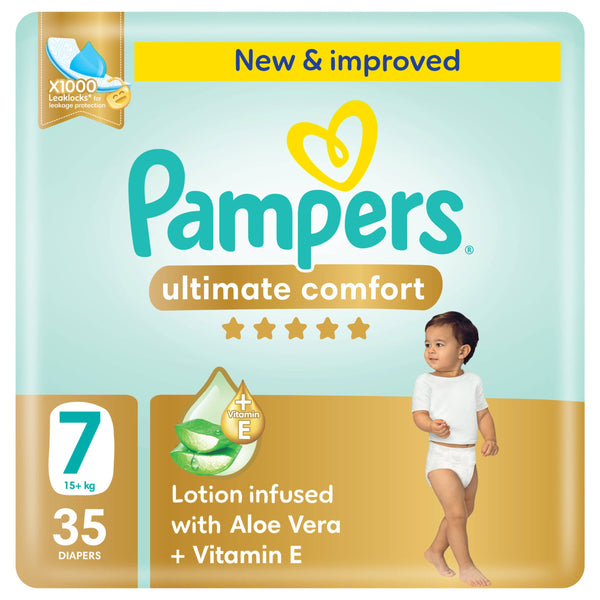 Pampers Ultimate Comfort Taped Diapers Size 7 Aloe Vera Vitamin E 15+kg 35 Count