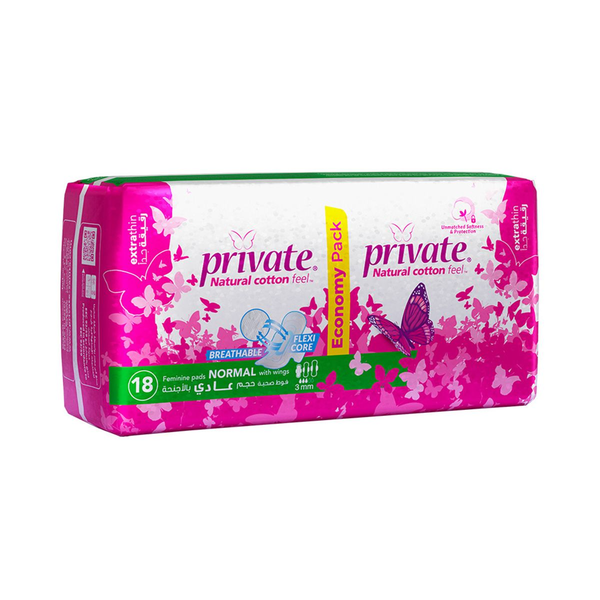 Private Feminine Pads Normal Extra Thin With Wings Economy Pack 18 Pieces