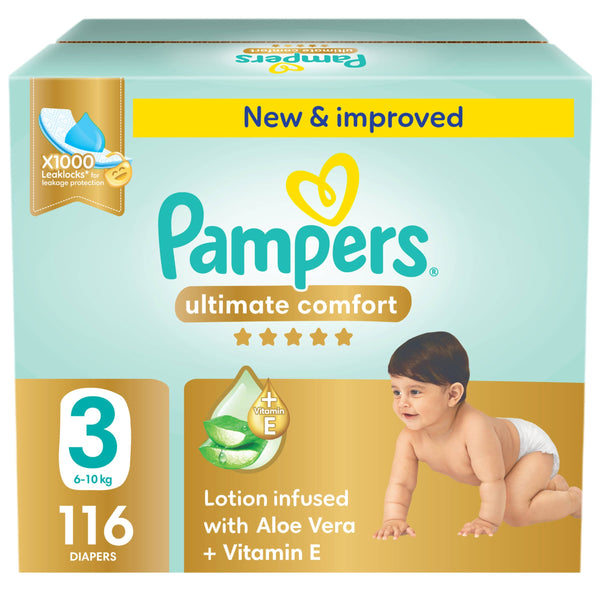 Pampers Ultimate Comfort Taped Diapers Leak Locks Aloe Vera Vitamin E Size 3 6-10kg 116 Count