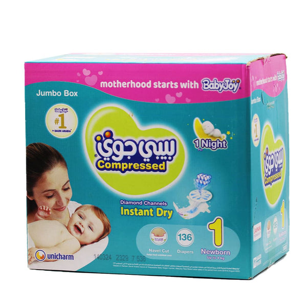 Baby Joy Compressed Diapers Size 1 Newborn High Absorbency 136 Diapers