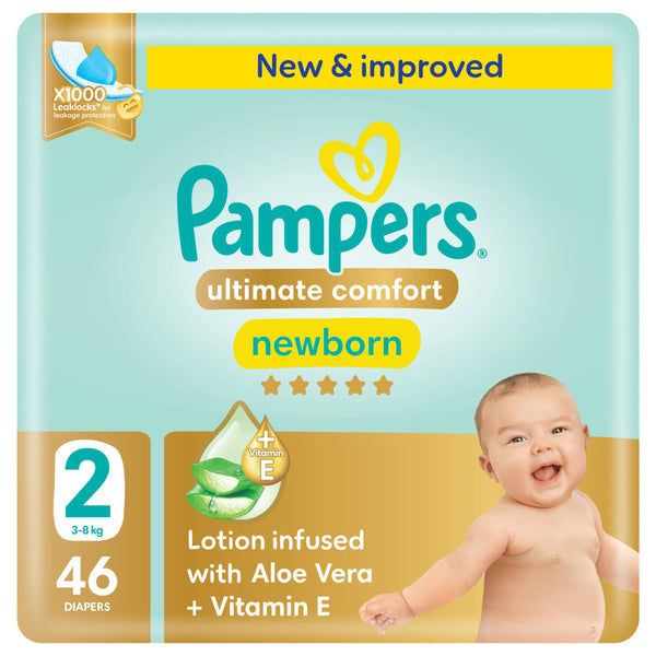 Pampers Ultimate Comfort Taped Diapers Aloe Vera Vitamin E Size 2, 3-8kg, 46 Count