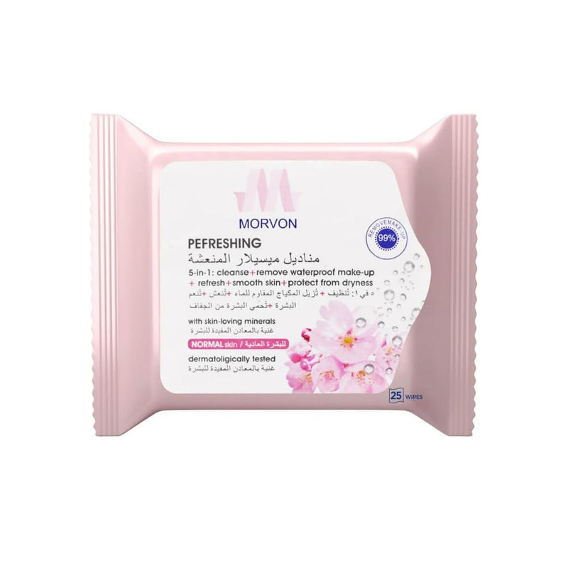 Morvon Refreshing Micellar Facial Wipes for Normal Skin, Makeup Remover, 25 Wipes