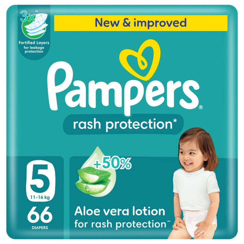 Pampers Rash Protection Taped Diapers Size 5, Aloe Vera Lotion, 11-16 kg, Jumbo Pack, 66 Count