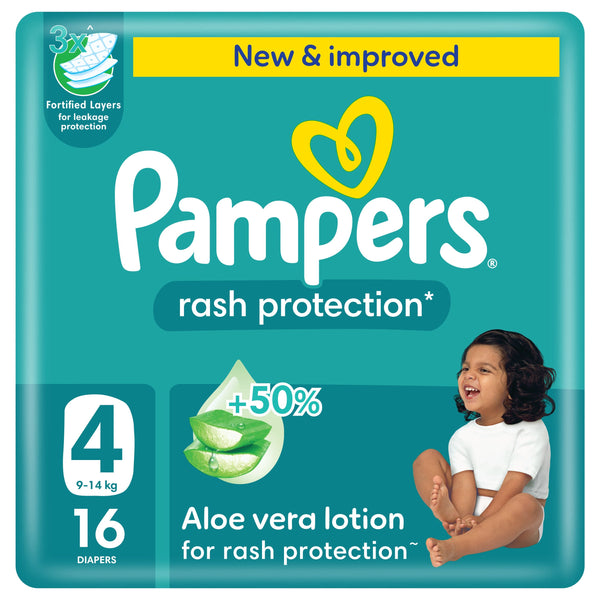 Pampers Rash Protection Taped Diapers Size 4, Aloe Vera Lotion, 9-14kg, 16 Count