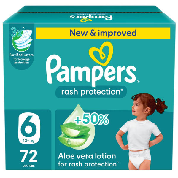 Pampers Rash Protection Taped Diapers Size 6, 13+ kg, Aloe Vera Lotion, 72 Count