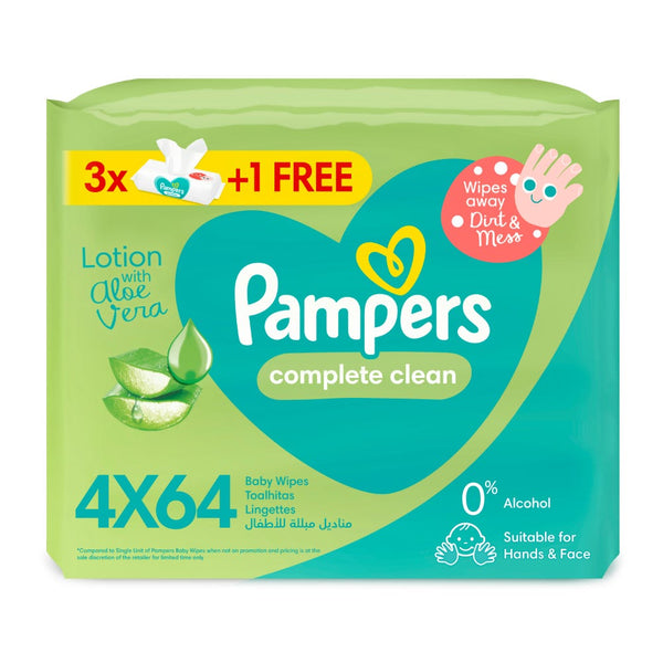 Pampers Complete Clean Baby Wipes Aloe Vera Lotion Alcohol-Free 4 Packs, 256 Count