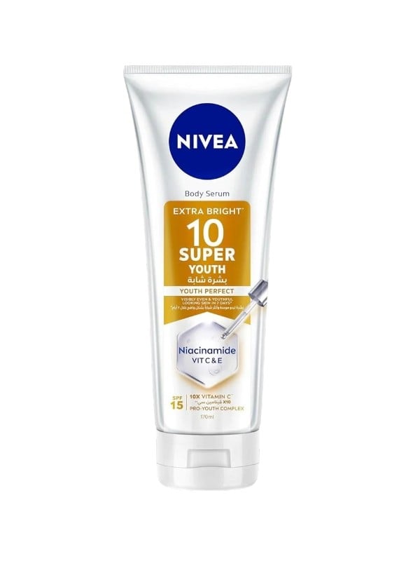 NIVEA Body Serum 10 Super Youth Extra Bright Lightweight Formula with Niacinamide Vitamins C and E SPF 15 170ml