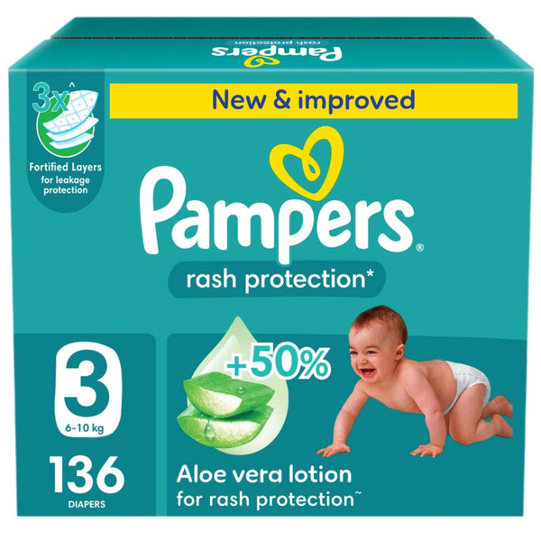 Pampers Baby Dry Taped Diapers Aloe Vera Lotion Size 3, 136 Count