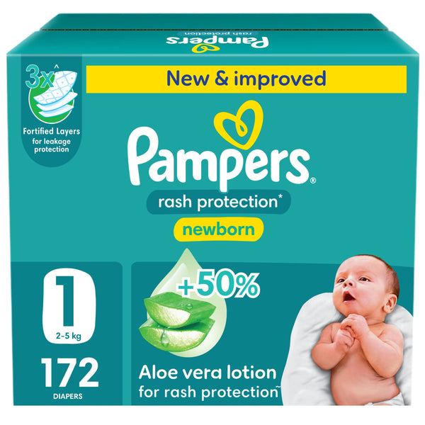 Pampers Rash Protection Taped Diapers Baby Nappies Size 1, 172 Count, 2-5kg