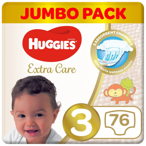 HUGGIES Extra Care Size 3 Baby Nappies, 4-9 kg, Jumbo Pack of 76
