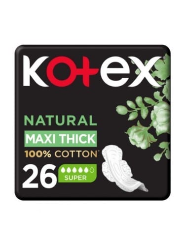 Kotex Super Thick Maxi Natural Sanitary Pads with Wings, Fast-Absorbing Center, 26 Pads