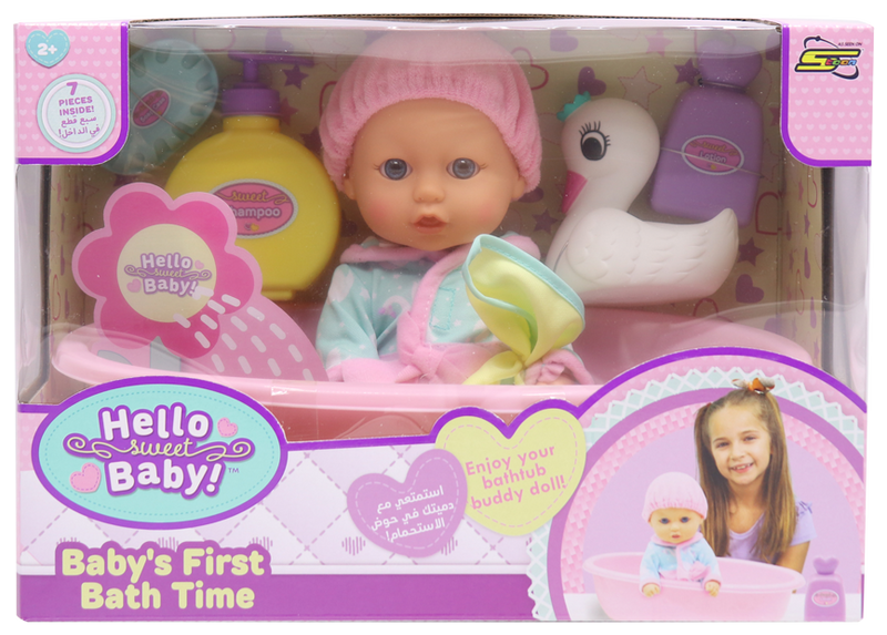 Hello Sweet Baby First Bath Time Baby Doll Set, 10 Inch, Bathtub and Bath Accessories