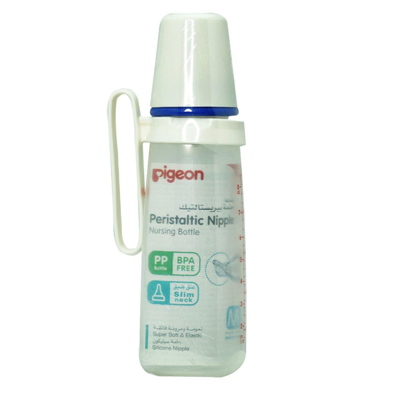 Pigeon Slim Neck Feeding Bottle With Handle, Peristaltic Silicone Nipple, Clear, 240 ml