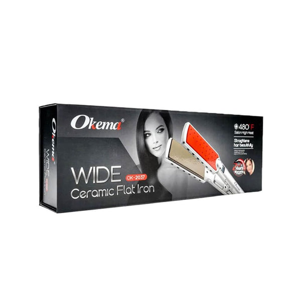 Okema OK-2037 Wide Ceramic Hair Straightener, Digital Display, 480F, Silver and Red