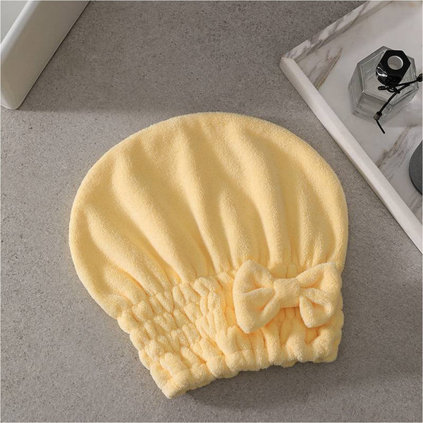 Reefi Hair Drying Hoodie Cap Coral Fleece With Bow and Elastic Band Lemon