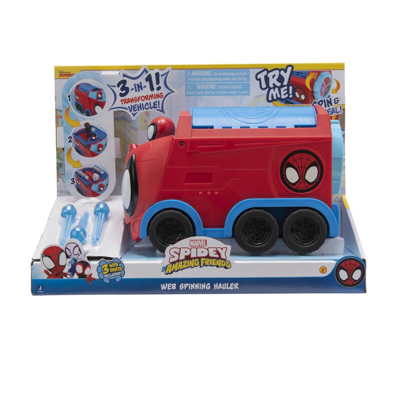 Spidey Deluxe Feature Vehicle Web Spinning Hauler 3-in-1 Transforming Toy with Web Dart Launchers