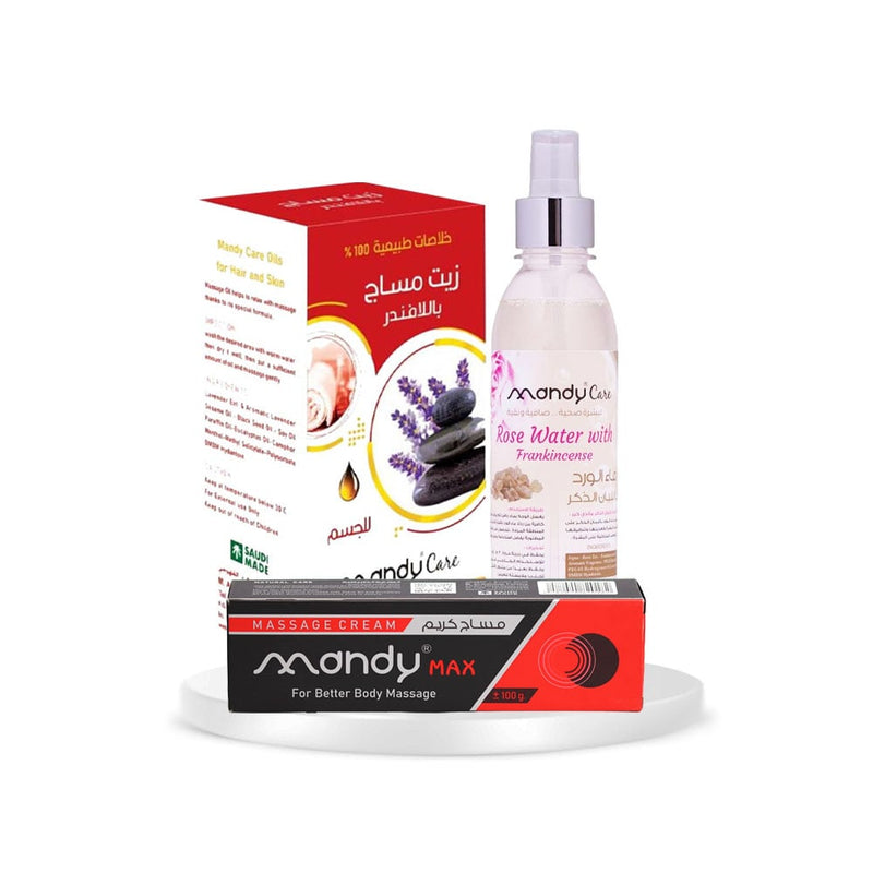 Mandy Care Lavender Skin Care Set Body Massage Oil, Cream and Rose Water, 3 Pieces