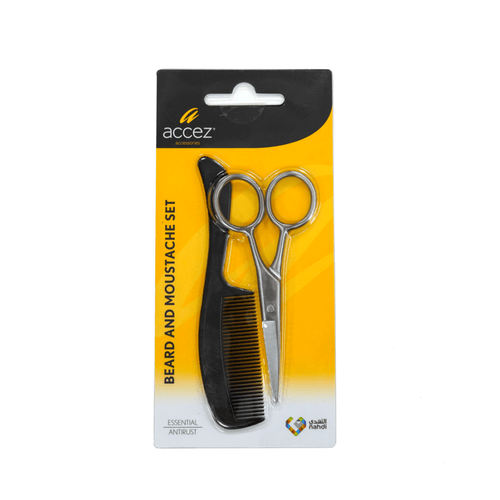 Accez Beard and Moustache Trimming Set Stainless Steel Scissors and PP Comb