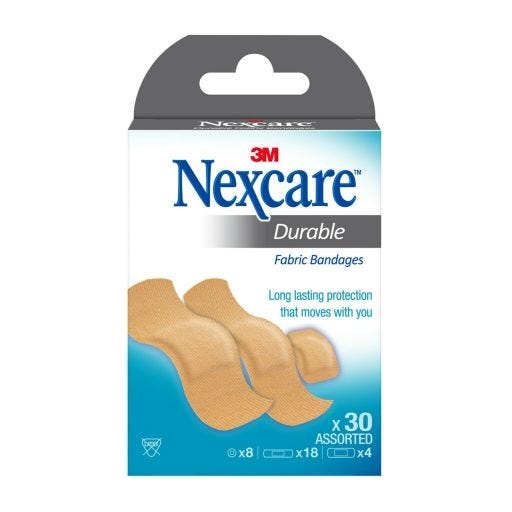 Nexcare Durable Fabric Plasters Breathable Water-Resistant Adhesive 30 Assorted Bandages
