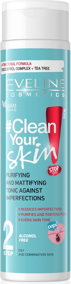 Eveline Clean Your Skin Purifying Mattifying Tonic Tea Tree Oil Niacinamide 225ml