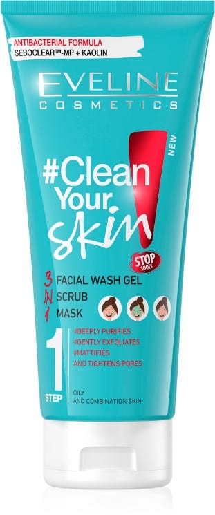 Eveline Clean Your Skin 3-in-1 Facial Wash Gel, Scrub and Mask for Oily Skin, 200ml