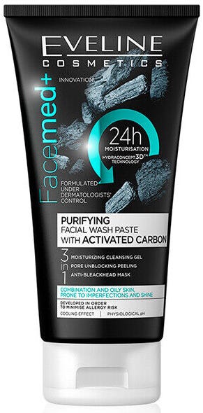 Eveline Facemed+ Purifying Carbon Wash Paste for Oily Skin, 3-in-1, 150ml