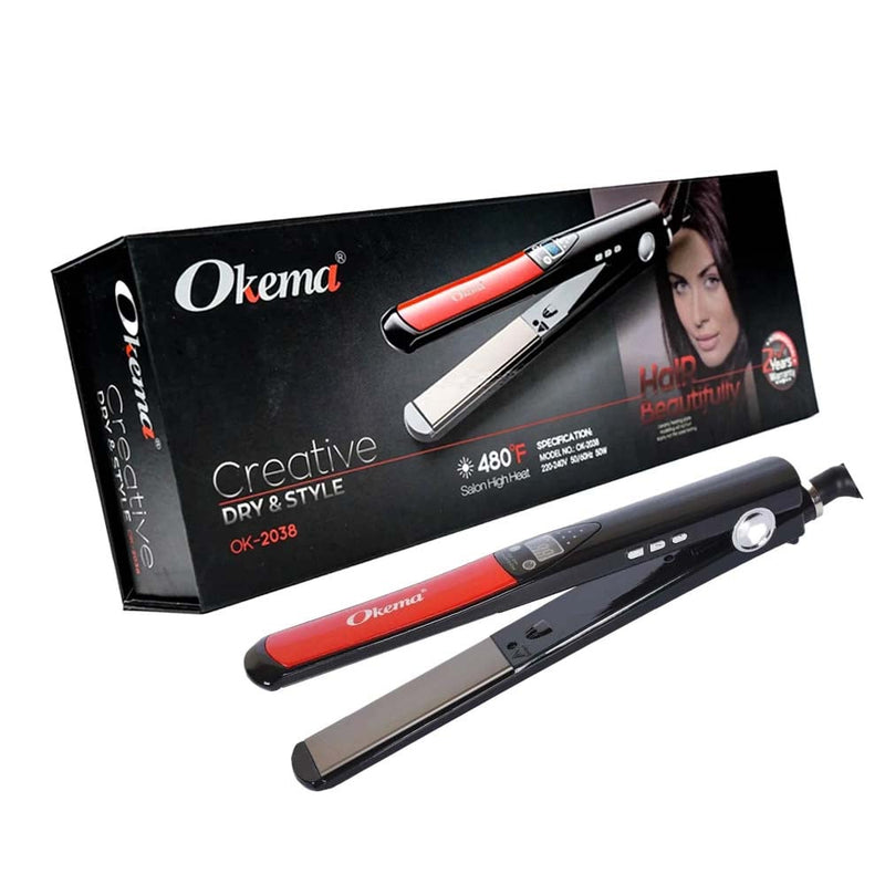 Okema OK-2038 Ceramic Hair Straightener, Multiple Heat Settings, Up to 480F, 220-240V