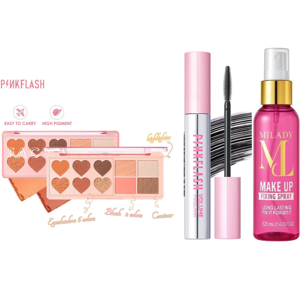 Pink Flash Summer Makeup Set Palette, Mascara and Milidy Setting Spray