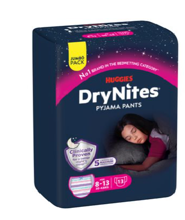 Huggies DryNites Pyjama Pants for Girls 5-Layer Absorbency Ages 8-15, 13 Pieces