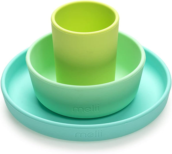 Melii Silicone Feeding Set Food-Grade Dishwasher and Microwave Safe Blue Lime Mint 3-Piece
