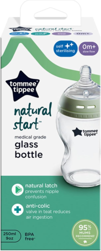 Tommee Tippee Natural Start Glass Baby Bottle Anti-Colic Slow Flow 0m+ 250ml