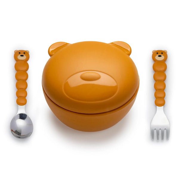 Melii Silicone Animal Bowl with Leak-Proof Lid, Spoon and Fork, Bear Shape