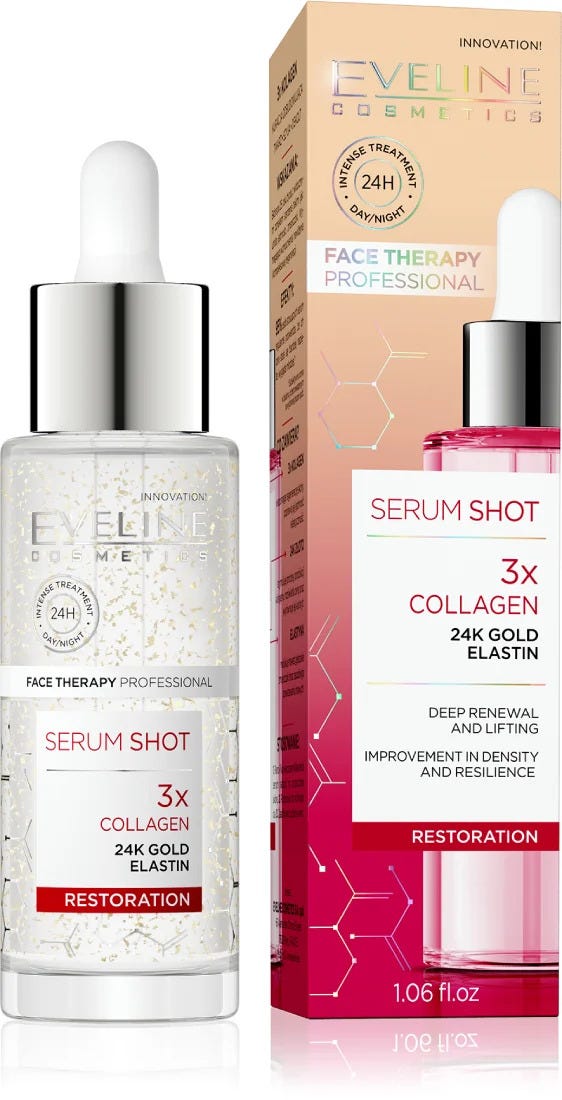 Eveline Serum Shot 3x Collagen Liquid Facial Serum with 24K Gold and Elastin 30ml