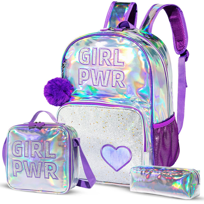 Eazy Kids Girl Power School Bag Set, Purple Backpack with Lunch Bag and Pencil Case, 3 Pieces