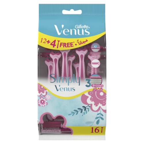 Gillette Simply Venus 3 Disposable Women's Razors Triple-Blade Moisturizing Strip 16 Pieces
